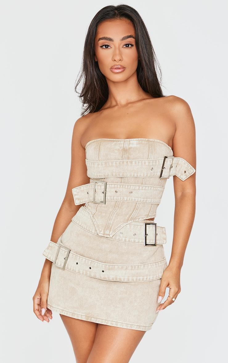Petite Washed Stone Buckle Detail Denim Mini Skirt Product Image