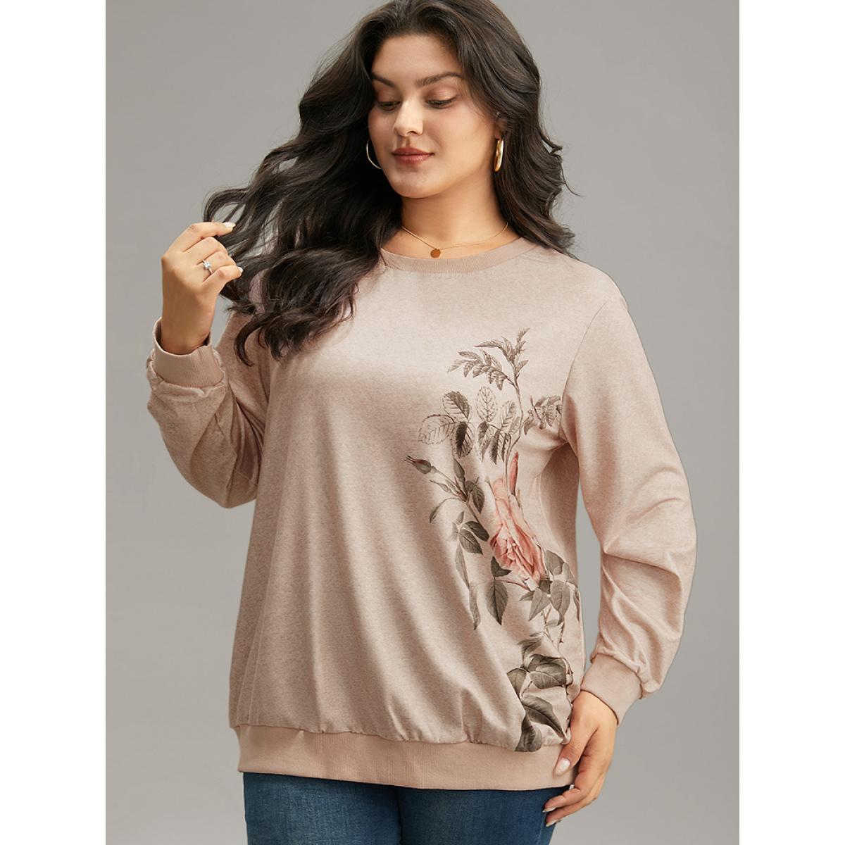 Plus Size Floral Print Elastic Cuffs Sweatshirt Women LightBrown Casual Elastic cuffs Round Neck Dailywear Sweatshirts BloomChic 18-20/2X Product Image