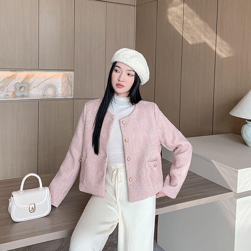 Round Neck Tweed Button Cropped Jacket Product Image