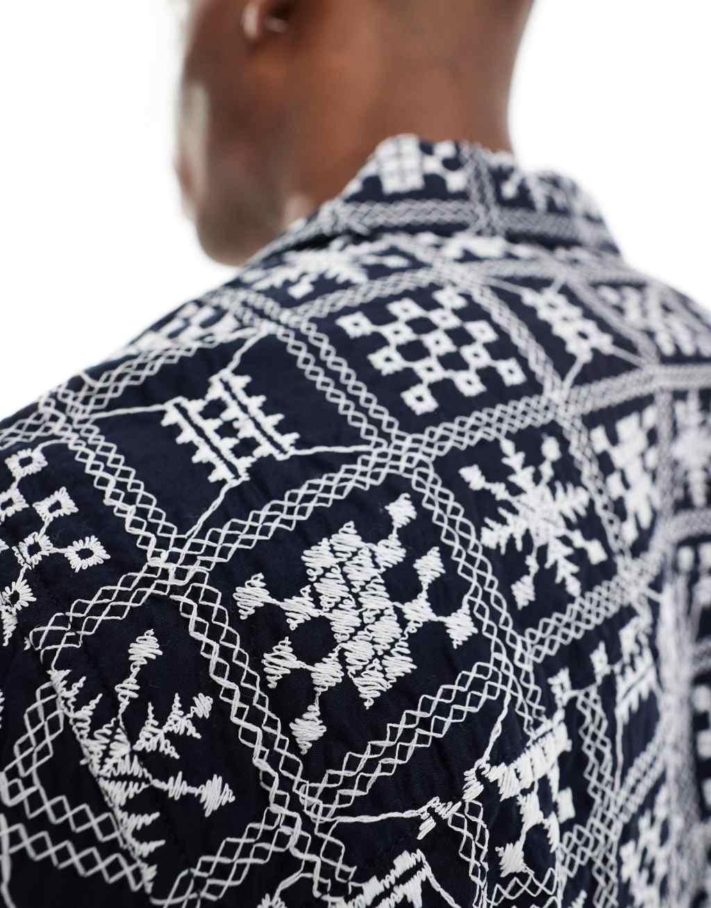 Only & Sons revere collar shirt with embroidery in navy Product Image