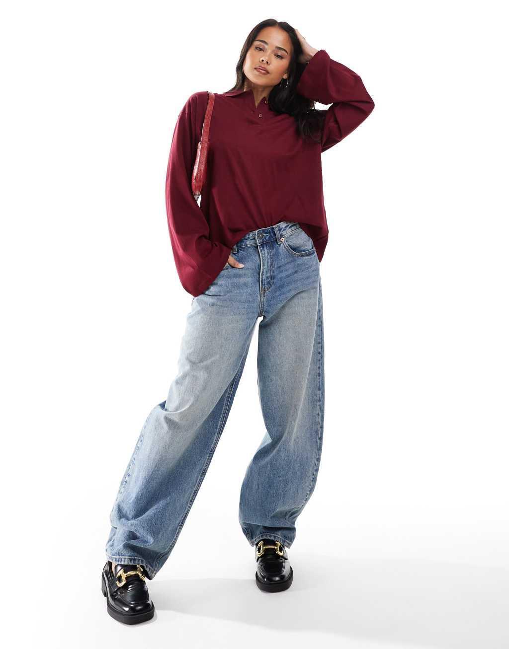 JJXX long sleeve polo in burgundy Product Image