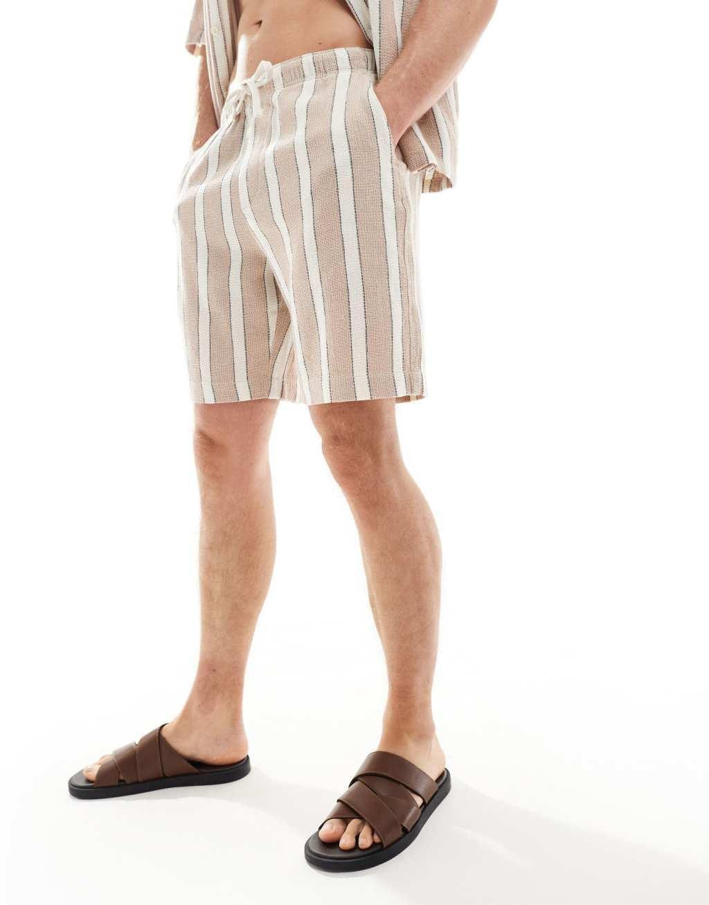 Bershka textured striped shorts in sand - part of a set Product Image