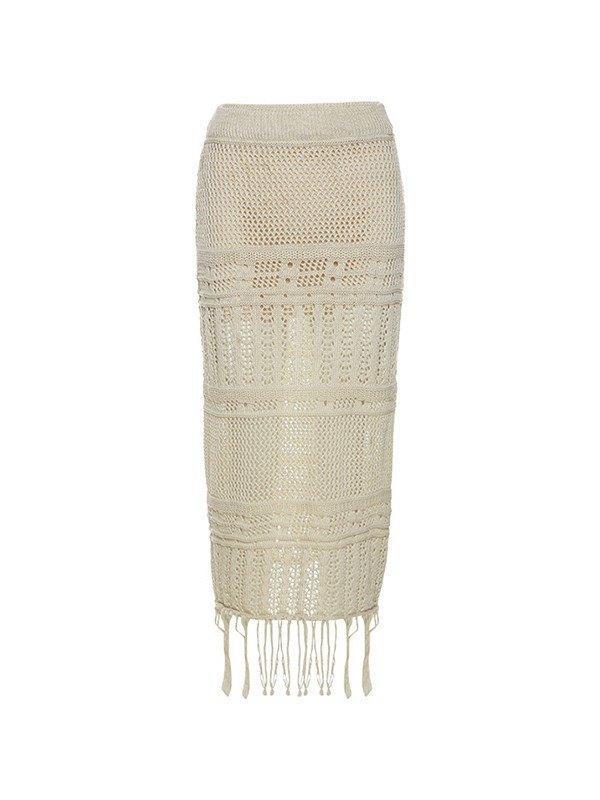 Fringed Crochet Hollow Knit Long Skirt Product Image