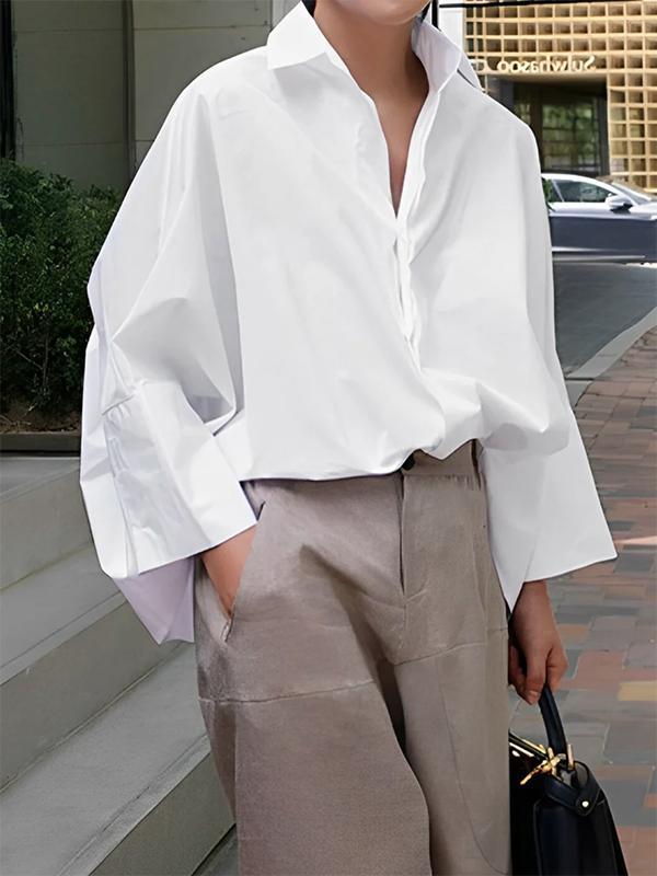 Long Sleeves Loose Solid Color Lapel Collar Blouses&Shirts Tops Product Image