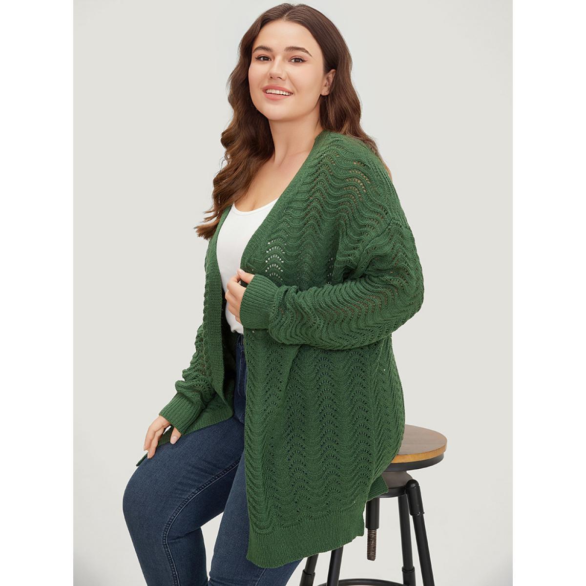 Plus Size Plain Open Front Split Side Cardigan Green Women Casual Loose Long Sleeve Everyday Cardigans BloomChic 18-20/2X Product Image