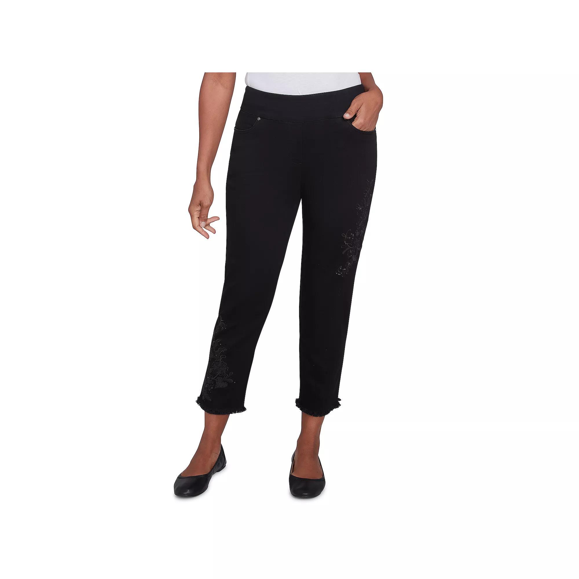 Petite Alfred Dunner Embroidered Floral Denim Fringe Ankle Pants, Womens Product Image