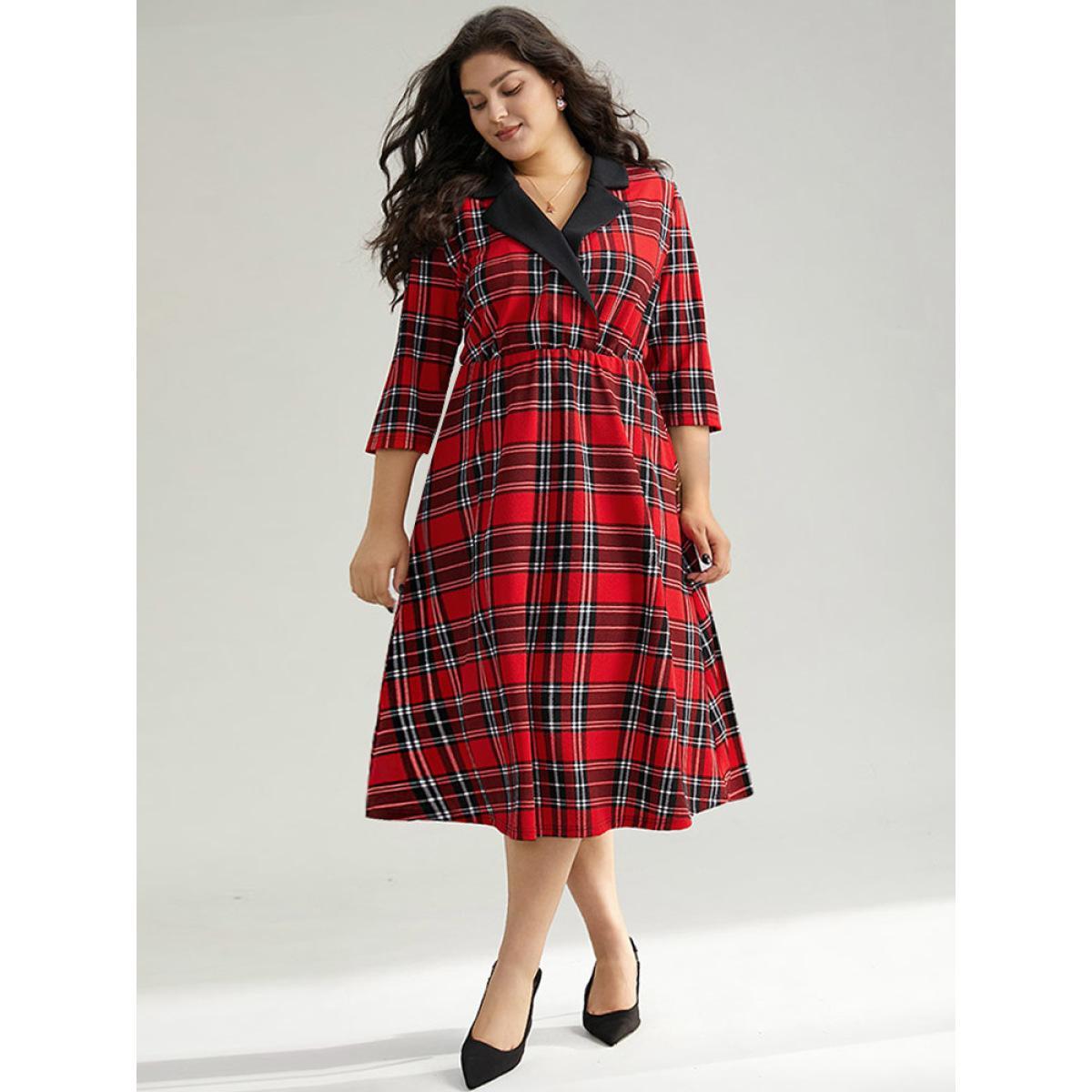 Plus Size Christmas Plaid Suit Collar Elastic Waist Dress Red Women Office Printed Suit Collar Elbow-length sleeve Curvy Midi Dress BloomChic 18-20/2X Product Image