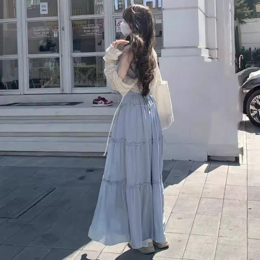 Spaghetti Strap Plain Tiered Button Maxi A-Line Dress Product Image