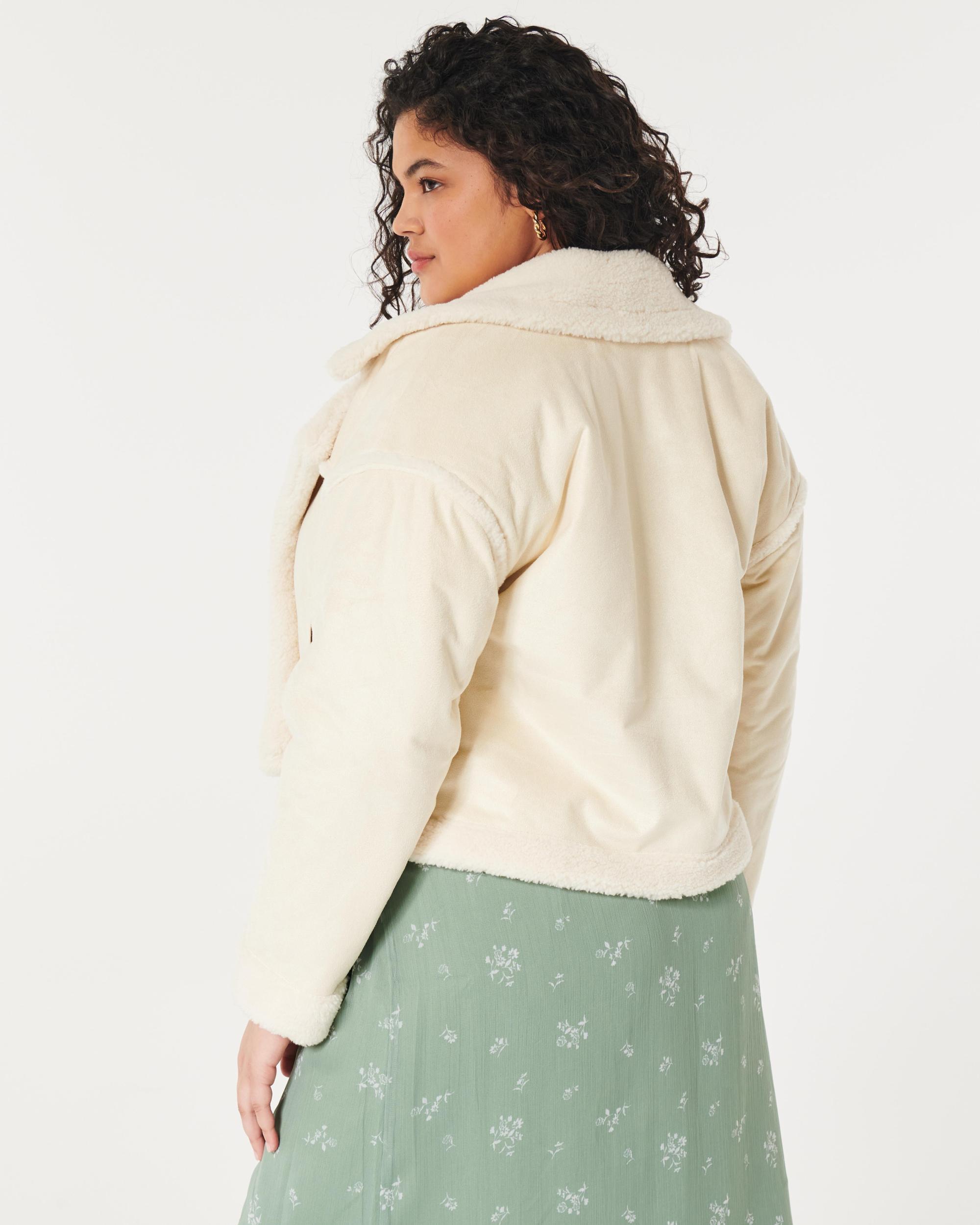 Sherpa-Lined Faux Suede Crop Biker Jacket Product Image