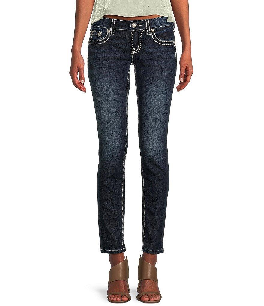 Miss Me Loose Saddle Border Stitch Flap Pocket Low Rise Skinny Jeans Product Image