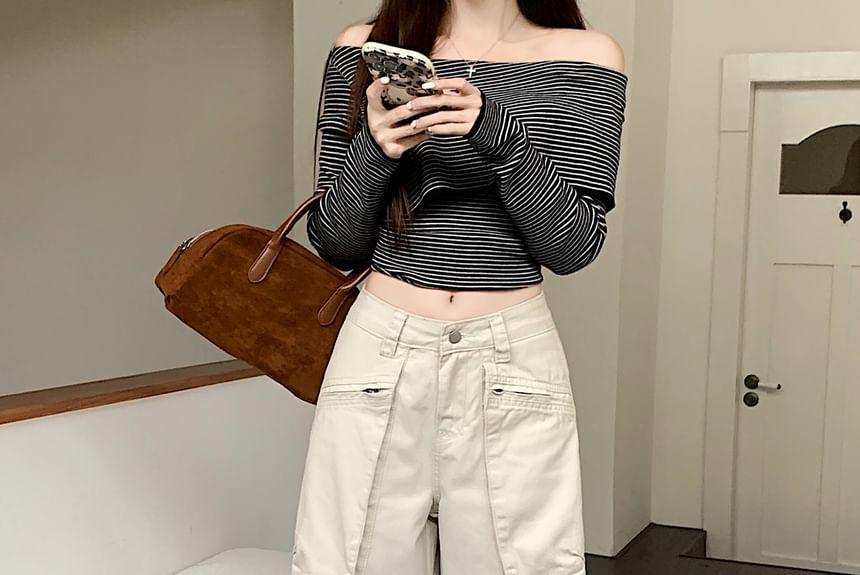 High Rise Plain Wide Leg Cargo Pants Product Image