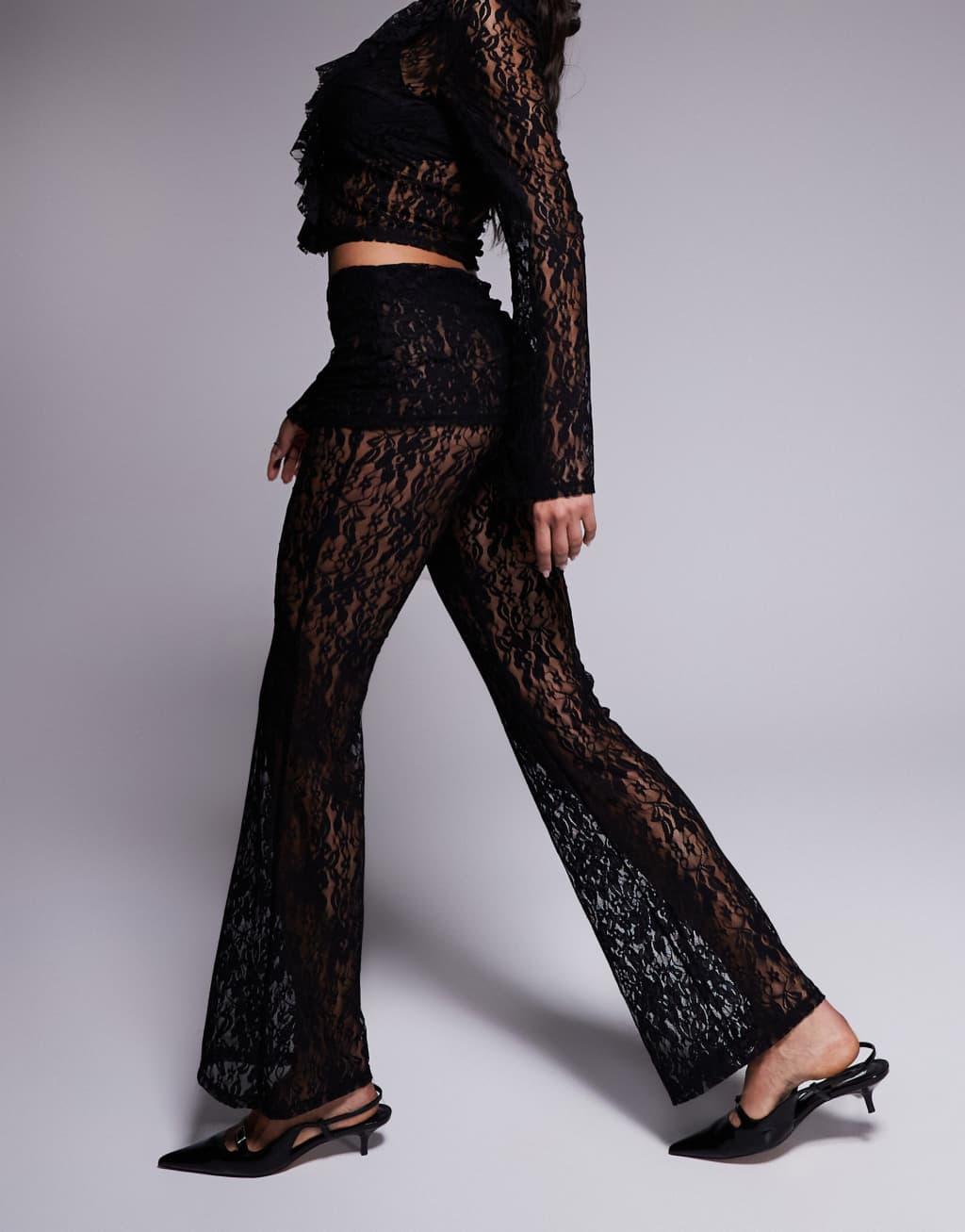 ASOS DESIGN lace fold over flare pants in black - part of a set Product Image