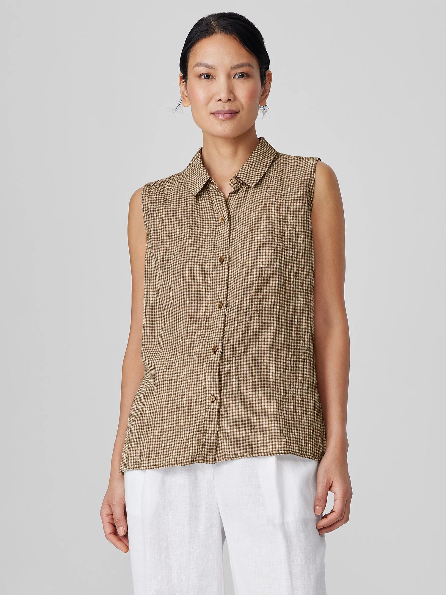 Puckered Organic Linen Sleeveless Shirt Product Image