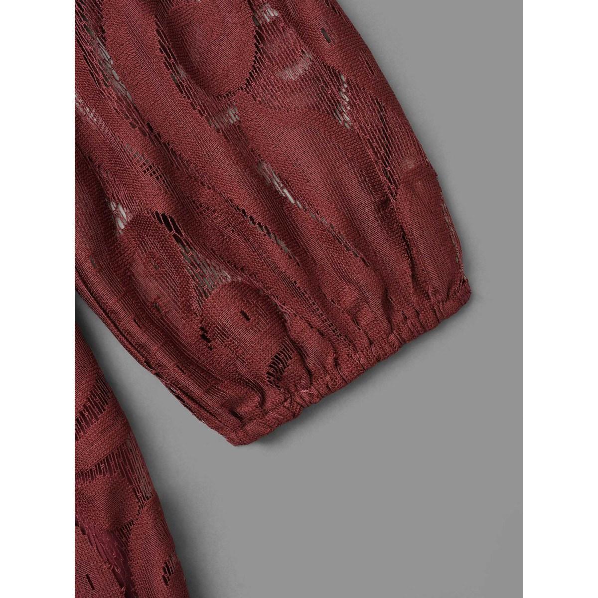 Plus Size Crochet Lace Mesh Lantern Sleeve Dress Burgundy Women Cocktail Overlapping Party Curvy Bloomchic 22-24/3X Product Image