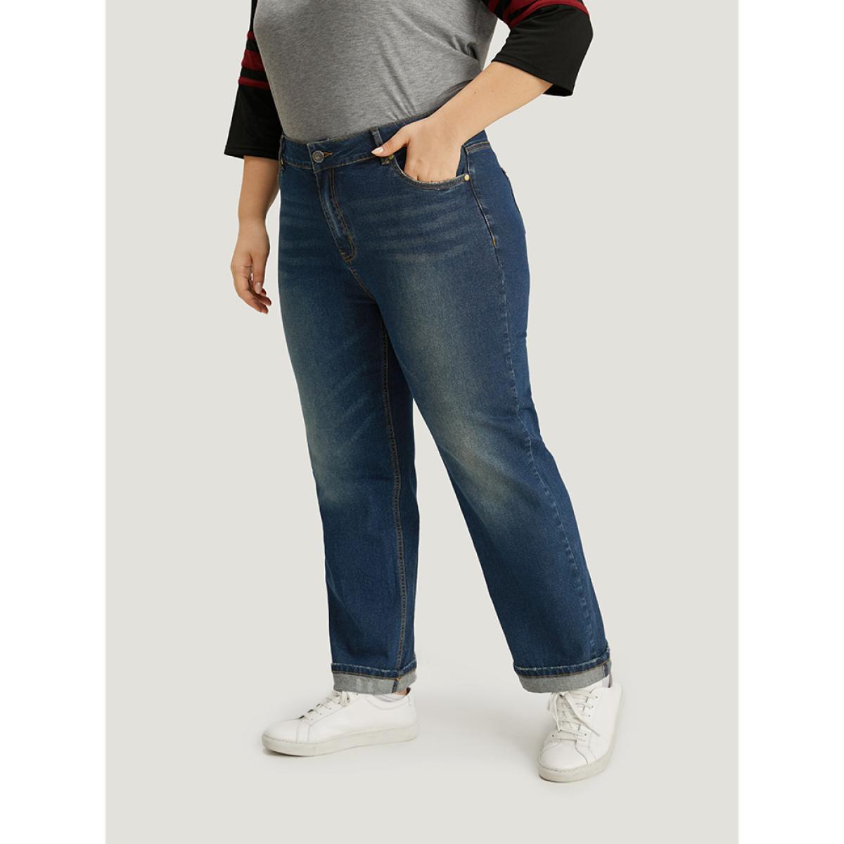 Plus Size Plain Roll Hem Medium Wash Full Length Jeans Women Indigo Casual Plain Plain High stretch Pocket Jeans BloomChic 28/5X Product Image
