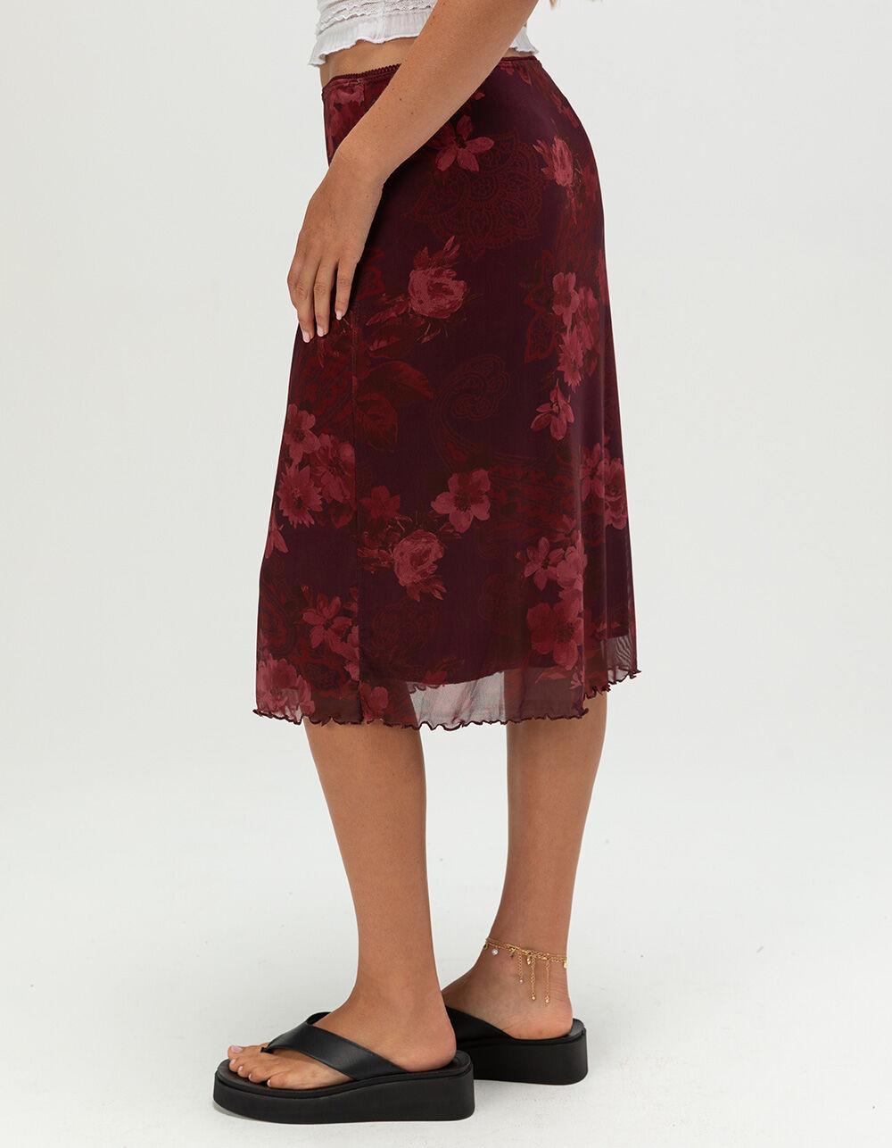 FULL TILT Low Rise Floral Womens Mesh Midi Skirt - BURGUNDY Product Image