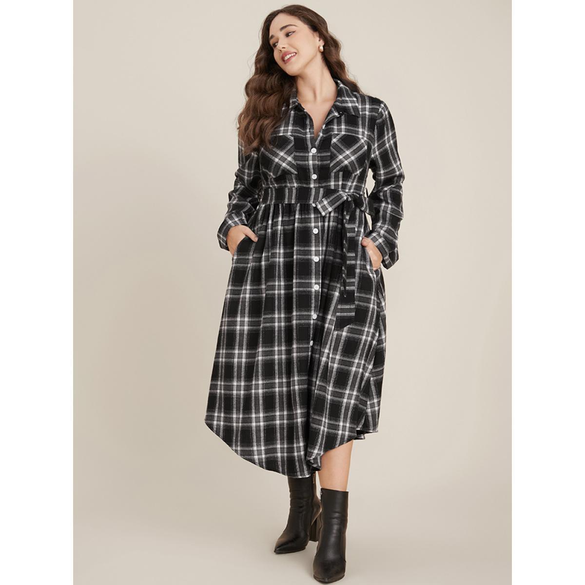 Plus Size Plaid Pocket Button Cuffed Sleeve Belted Arc Hem Dress Black Women Office Belted Shirt collar Long Sleeve Curvy Midi Dress BloomChic 26/4X Product Image