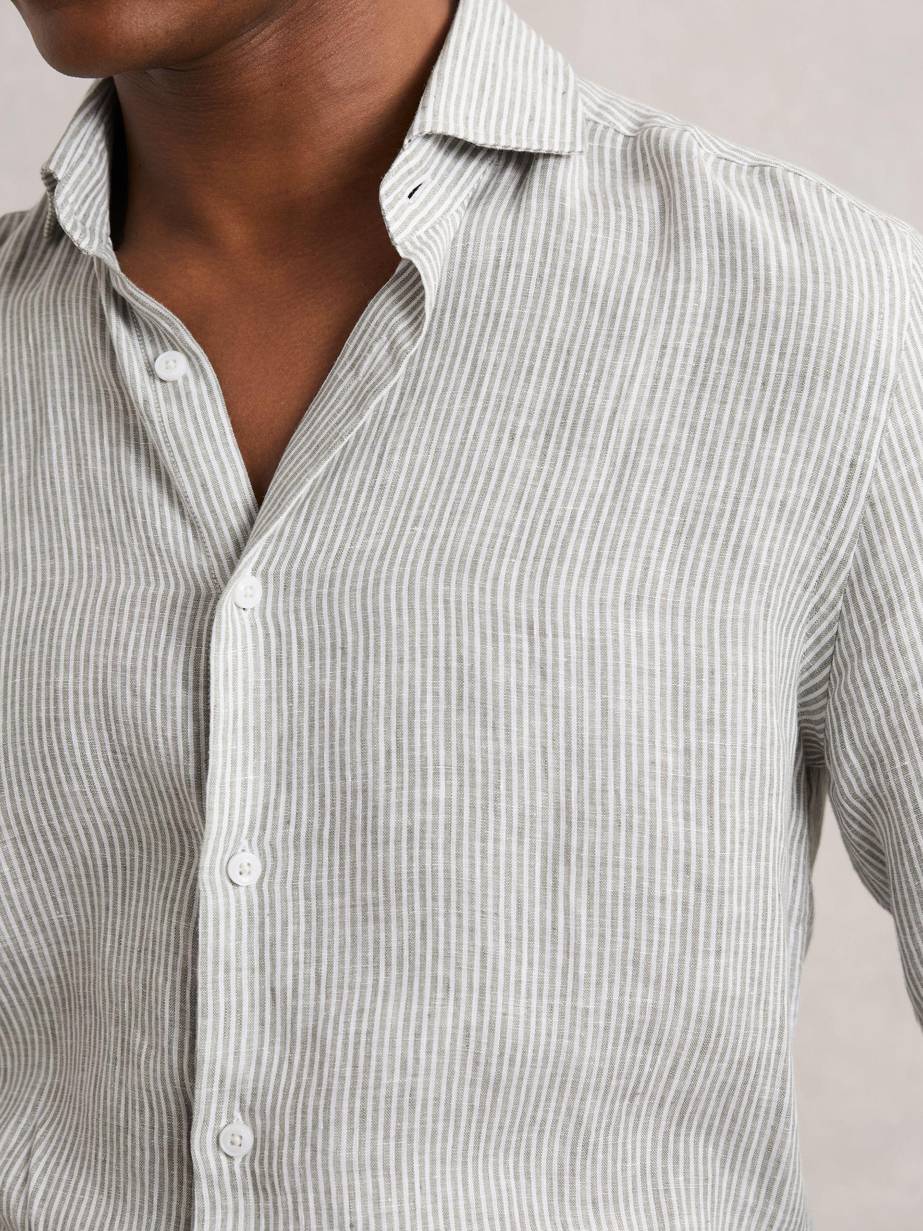 Linen Striped Cutaway-Collar Shirt in White/Thyme Green Product Image