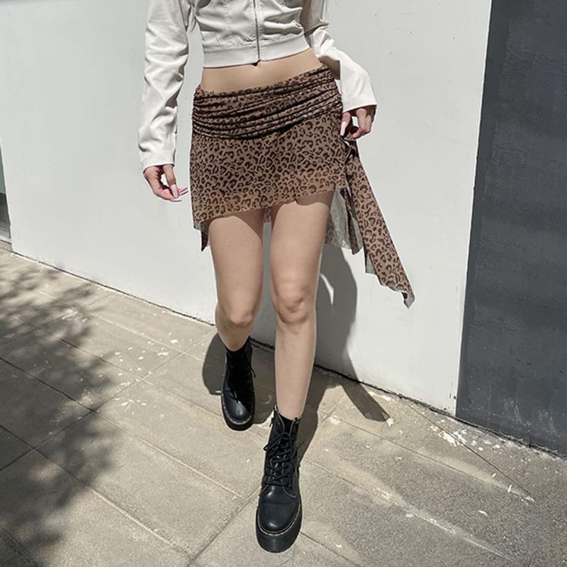 Mid Waist Leopard Print Asymmetrical Mini Pencil Skirt Product Image