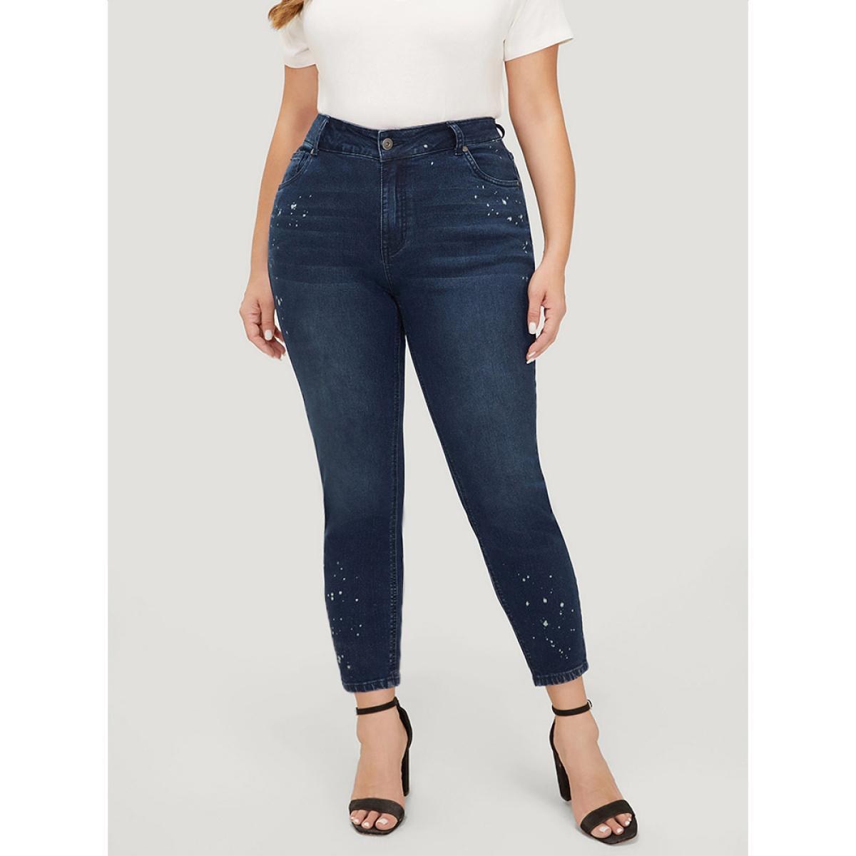 Plus Size Very Stretchy High Rise Dark Wash Paint Jeans Women DarkBlue Casual Plain High stretch Pocket Jeans BloomChic 28/5X Product Image
