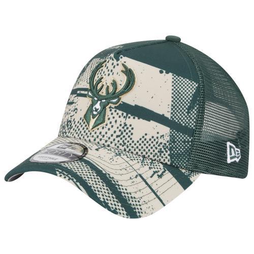 Mens New Era Hunter Green/Cream Milwaukee Bucks Tip Off A-Frame Trucker 9FORTY Adjustable Hat Product Image