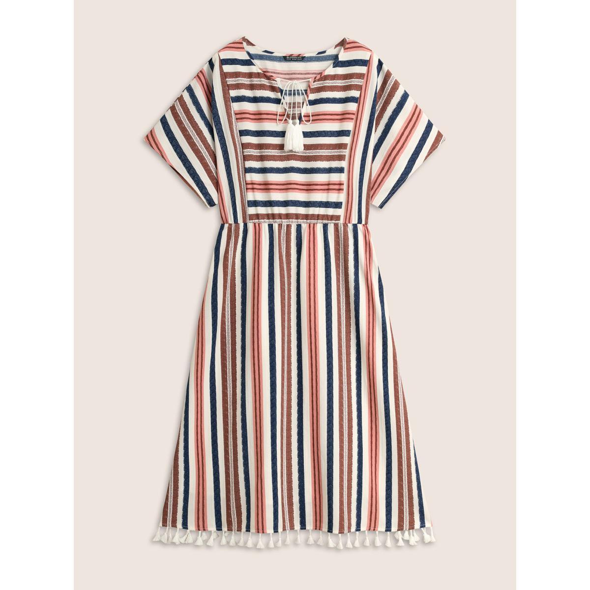 Plus Size Striped Elastic Waist Tassel Trim Gathered Dress Originalwhite Women Resort Flat collar with V-notch Short sleeve Curvy BloomChic 14-16/1X Product Image