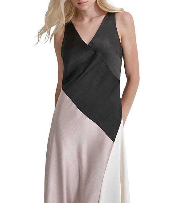 DKNY by Donna Karan Woven Color Block V-Neck Sleeveless Chemise Dress Product Image