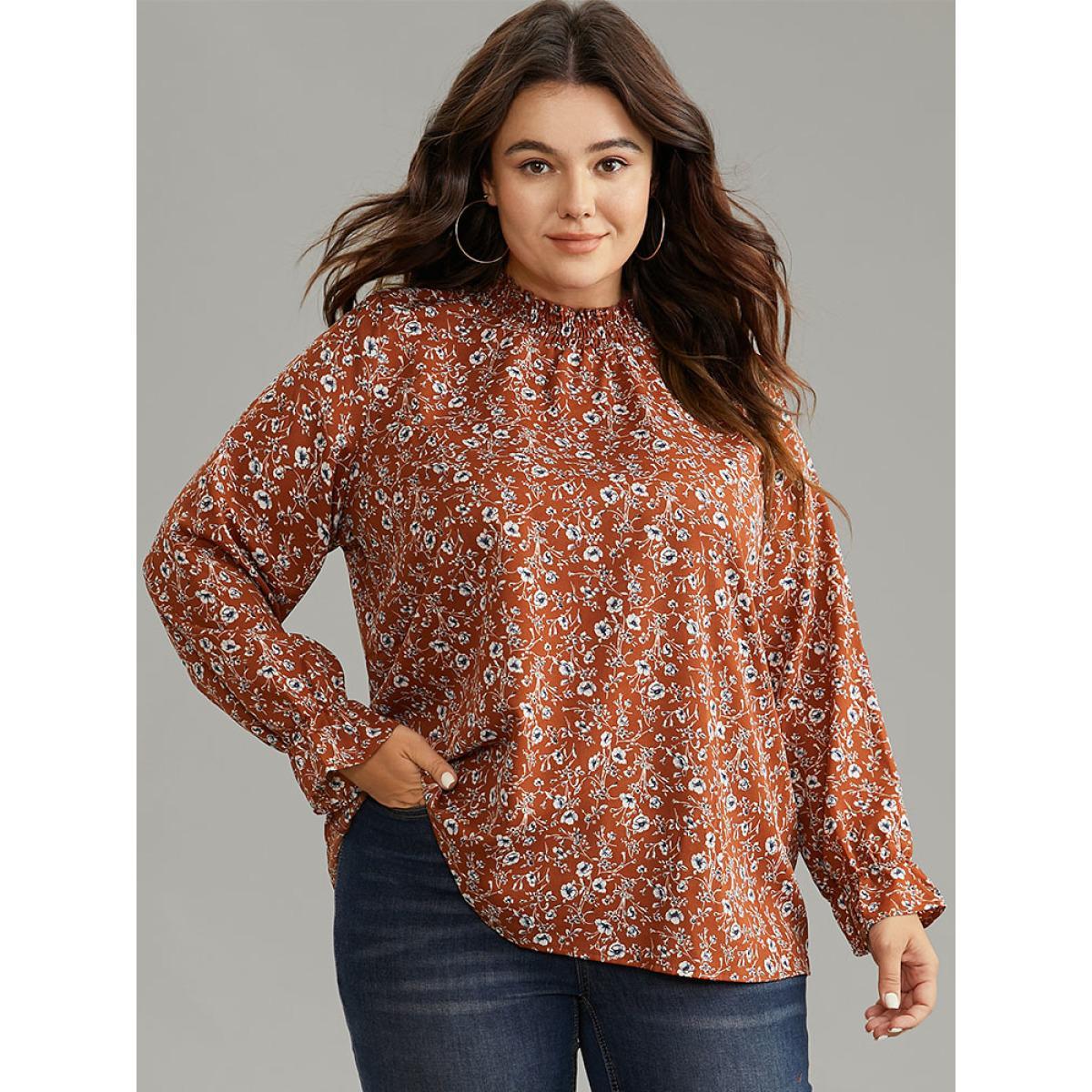 Plus Size Rust Ditsy Floral Shirred Pocket Layered Blouse Women Elegant Long Sleeve Round Neck Dailywear Blouses BloomChic 22-24/3X Product Image