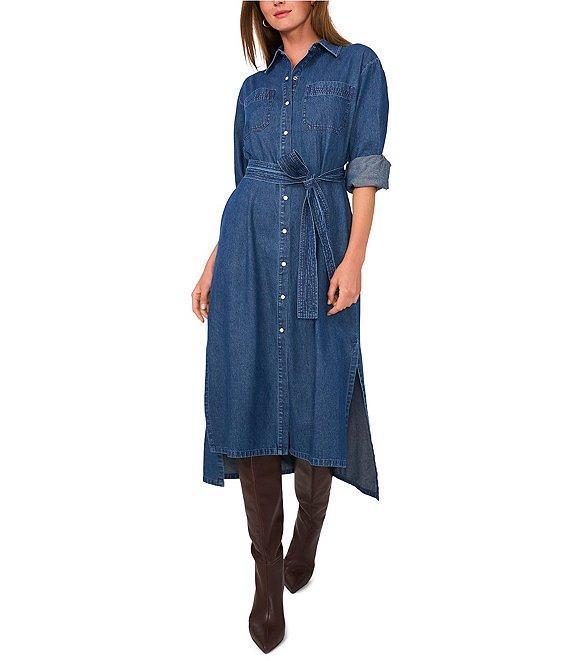 1. STATE Button Front Collared V-Neckline Long Sleeve Shirt Dress Product Image