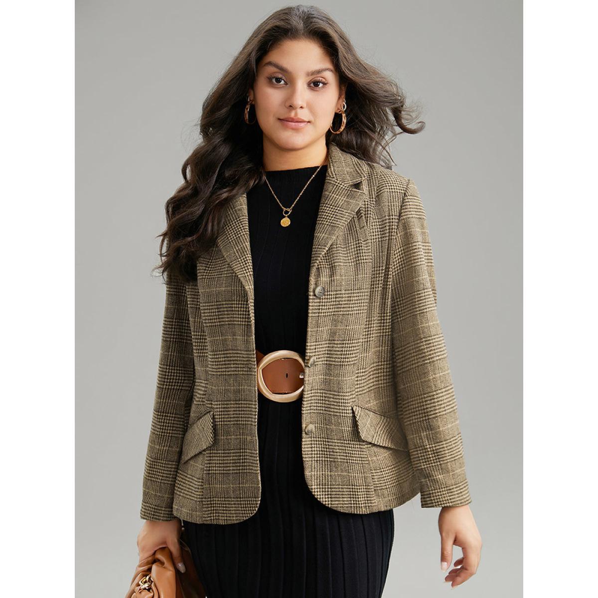 Plus Size Houndstooth Suit Collar Flap Pocket Button Up Blazer Tan Women Dailywear Houndstooth Contrast Sleeve Long Sleeve Suit Collar 30/6X Pocket Casual Blazers BloomChic Product Image