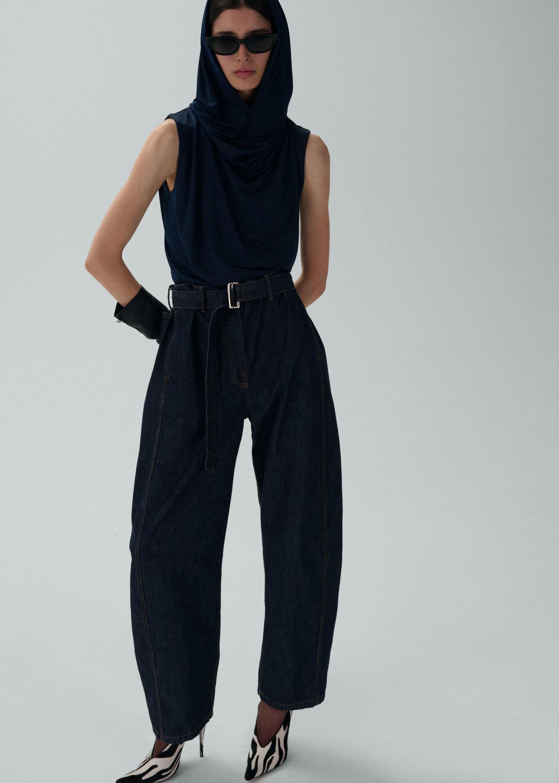 Belted loose fit denim in navy Product Image