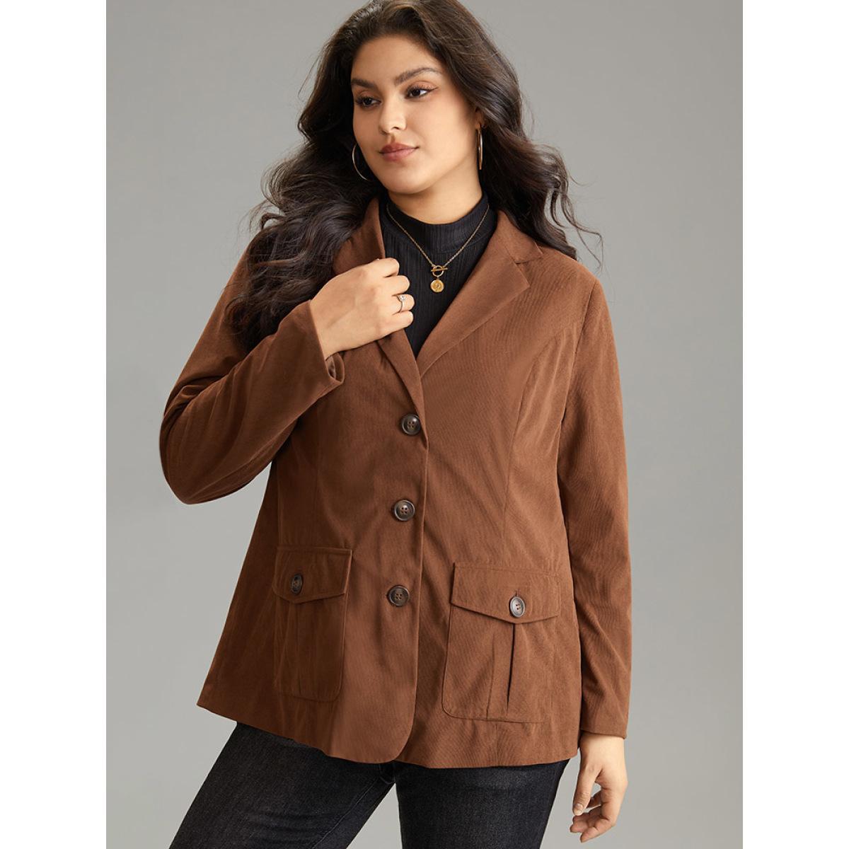 Plus Size Corduroy Suit Collar Button Up Flap Detail Blazer DarkBrown Women Dailywear Plain Lined Sleeve Long Sleeve Suit Collar 28/5X Pocket Casual Blazers BloomChic Product Image