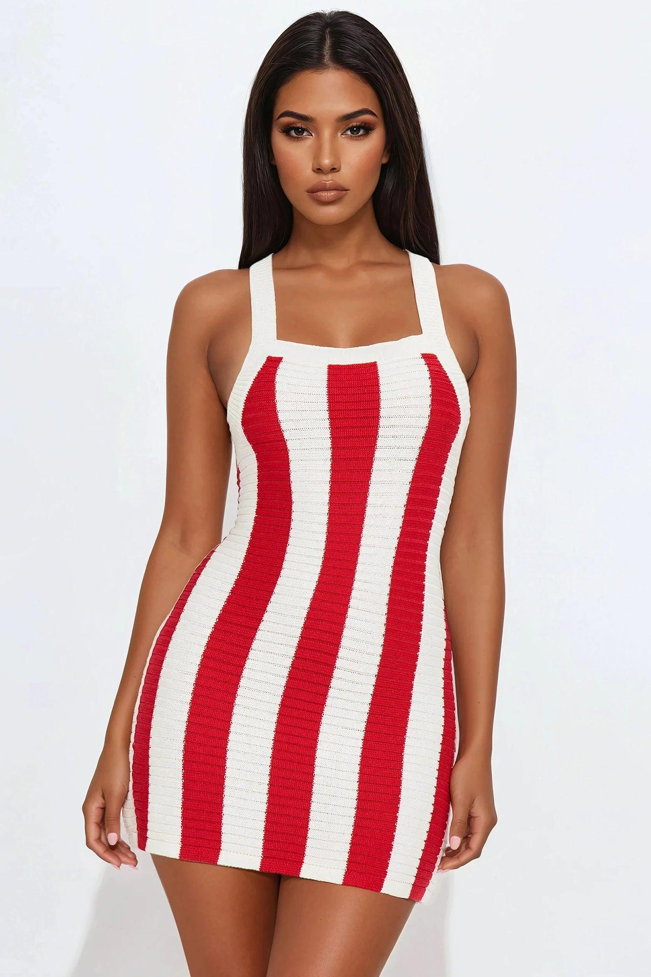 Jenna Striped Crochet Mini Dress - Red/White Product Image