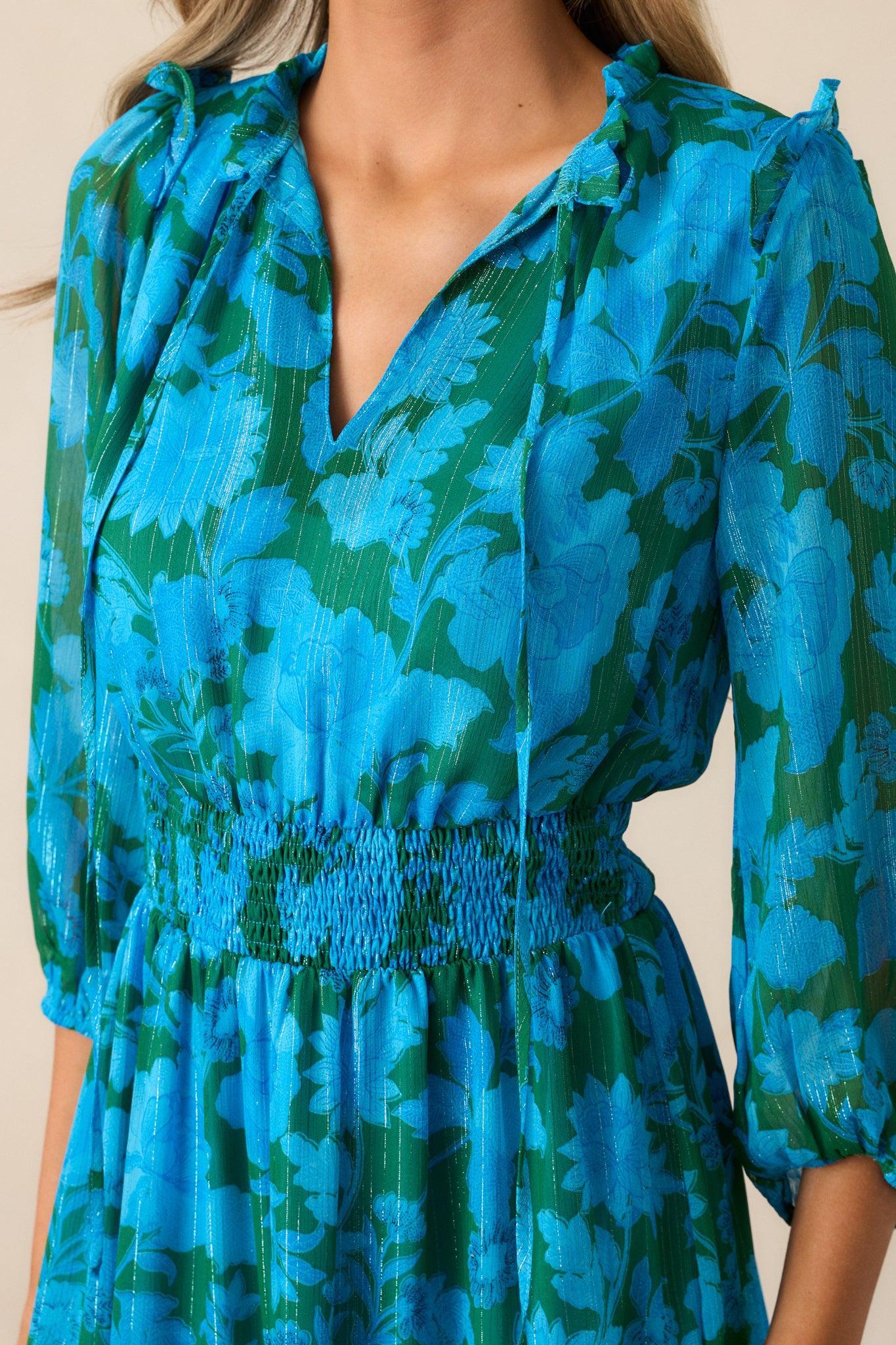 Rising Tides Blue Floral Long Sleeve Midi Dress Product Image
