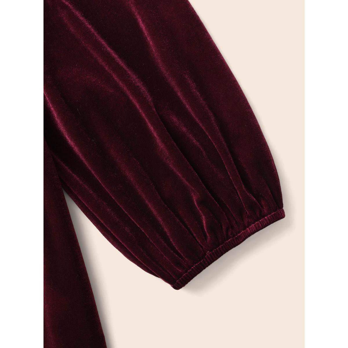 Plus Size Eggplant Velvet Heart Neckline Gathered Blouse Women Elegant Three Quater Length Sleeve Heart neckline Everyday Blouses BloomChic 12/L Product Image