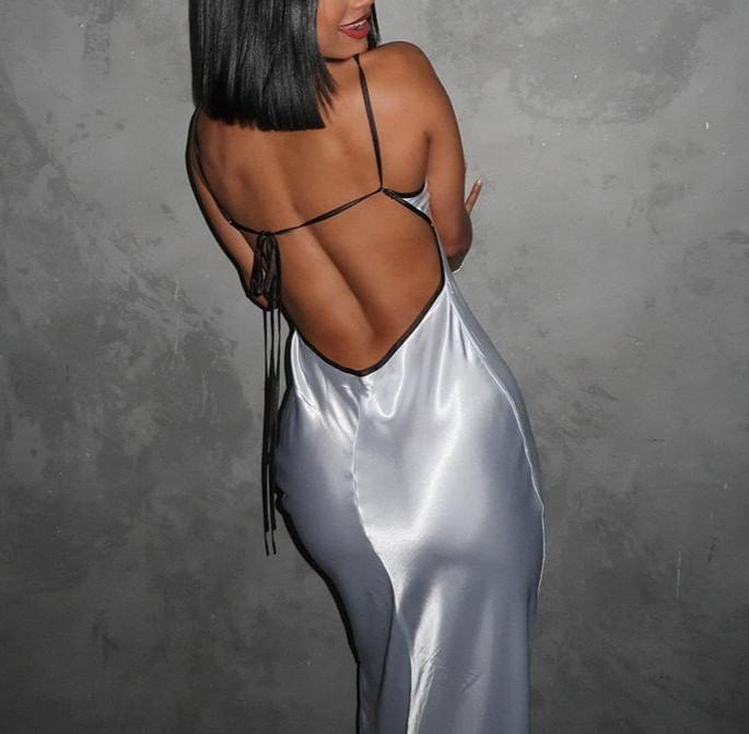 Spaghetti Strap Contrast-Trim Cut-Out Open-Back Satin Maxi Bodycon Dress Product Image