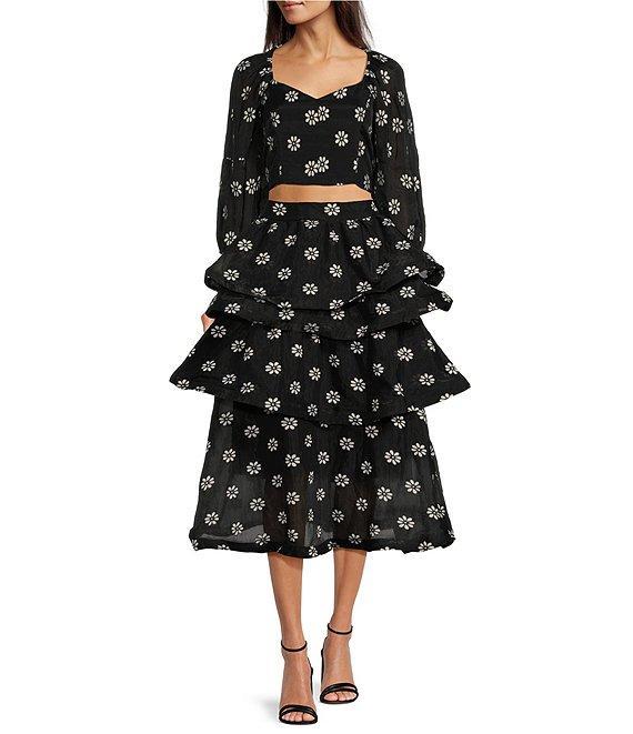 Buru Woven Brocade Floral Print Sweetheart Neck Long Balloon Sleeve Smocked Keyhole Back Cropped Coordinating Bustier Top Product Image