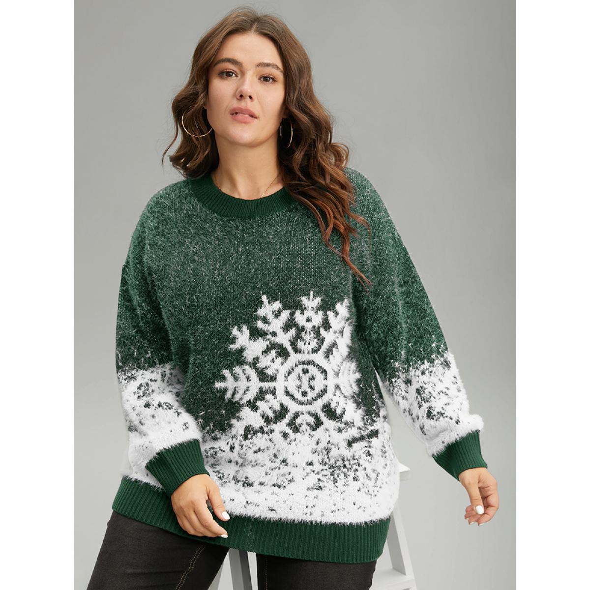 Plus Size Fuzzy Snowflake Elastic Cuffs Pullover DarkGreen Women Casual Loose Long Sleeve Round Neck Festival-Halloween Pullovers BloomChic 12/L Product Image