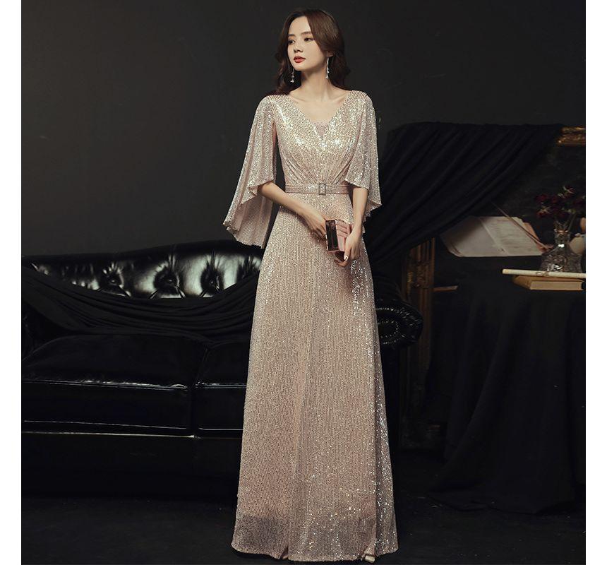 Elbow-Sleeve V-Neck Sequined Belted A-Line Evening Gown Product Image