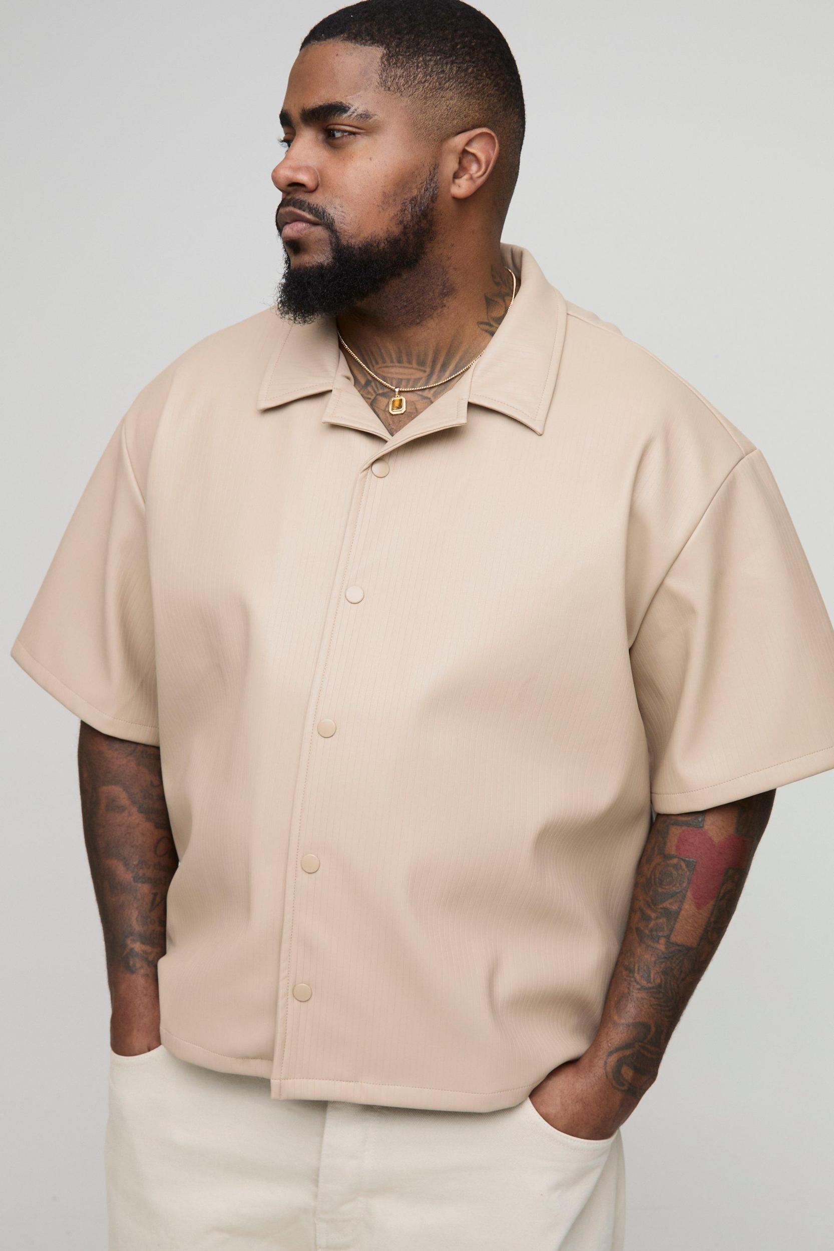 Mens Plus Pleated PU Boxy Oversized Shirt - Beige Product Image