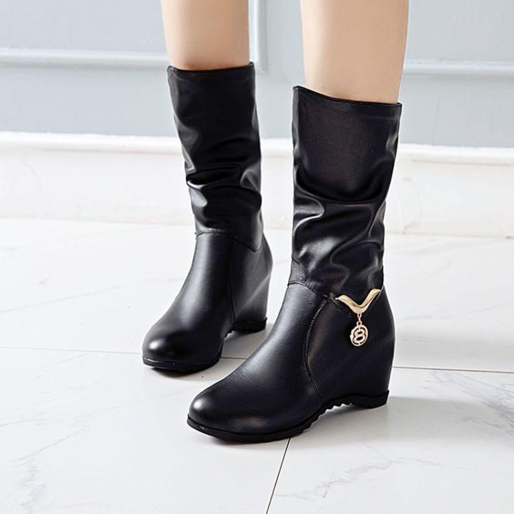 Hidden Wedge Faux Leather Mid Calf Boots Product Image