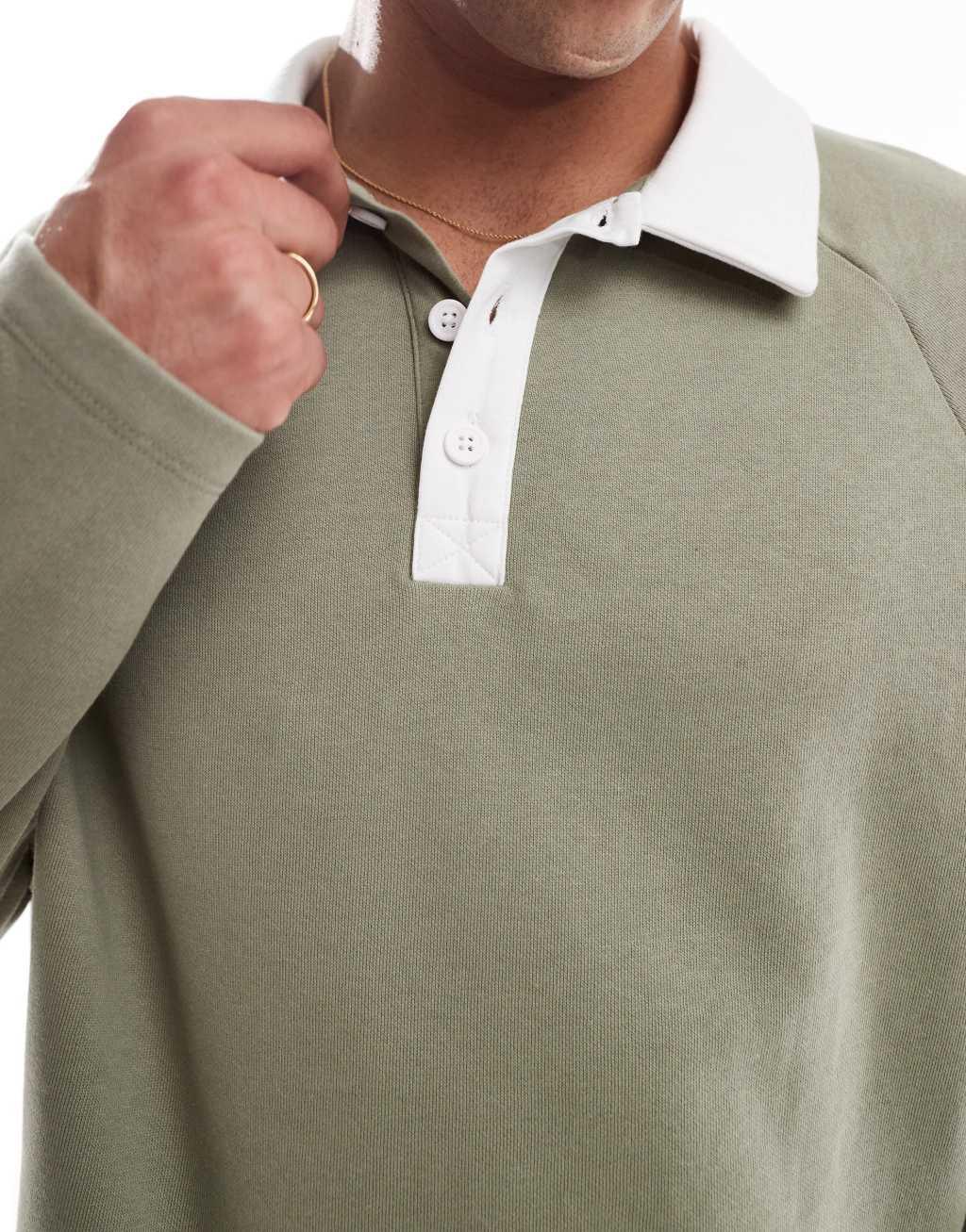 ASOS DESIGN rugby polo sweatshirt with raglan sleeves in khaki Product Image