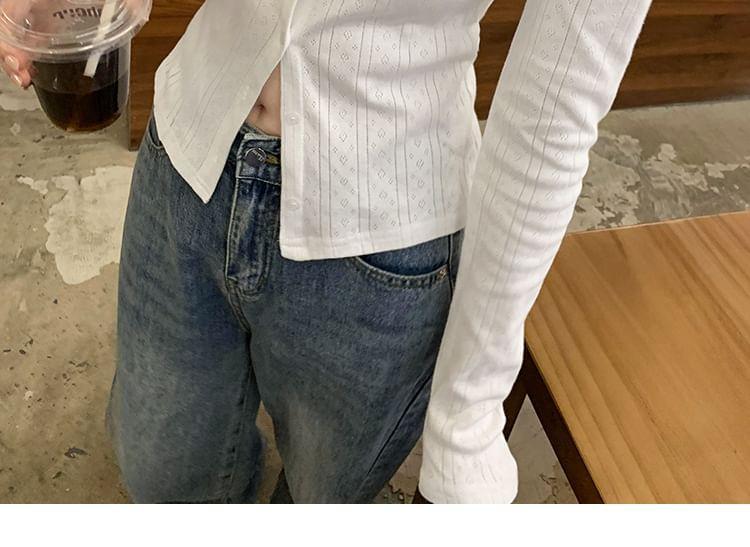 Long-Sleeve Crew Neck Plain Lace Trim Button-Up T-Shirt Product Image