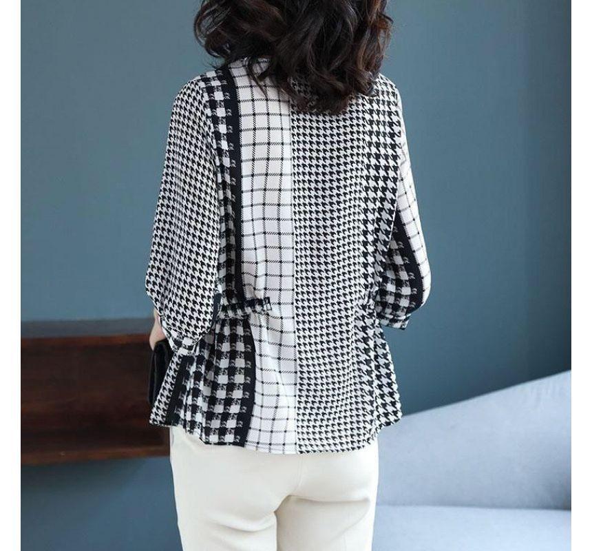 Elbow-Sleeve Round Neck Plaid Houndstooth Chiffon Blouse Product Image