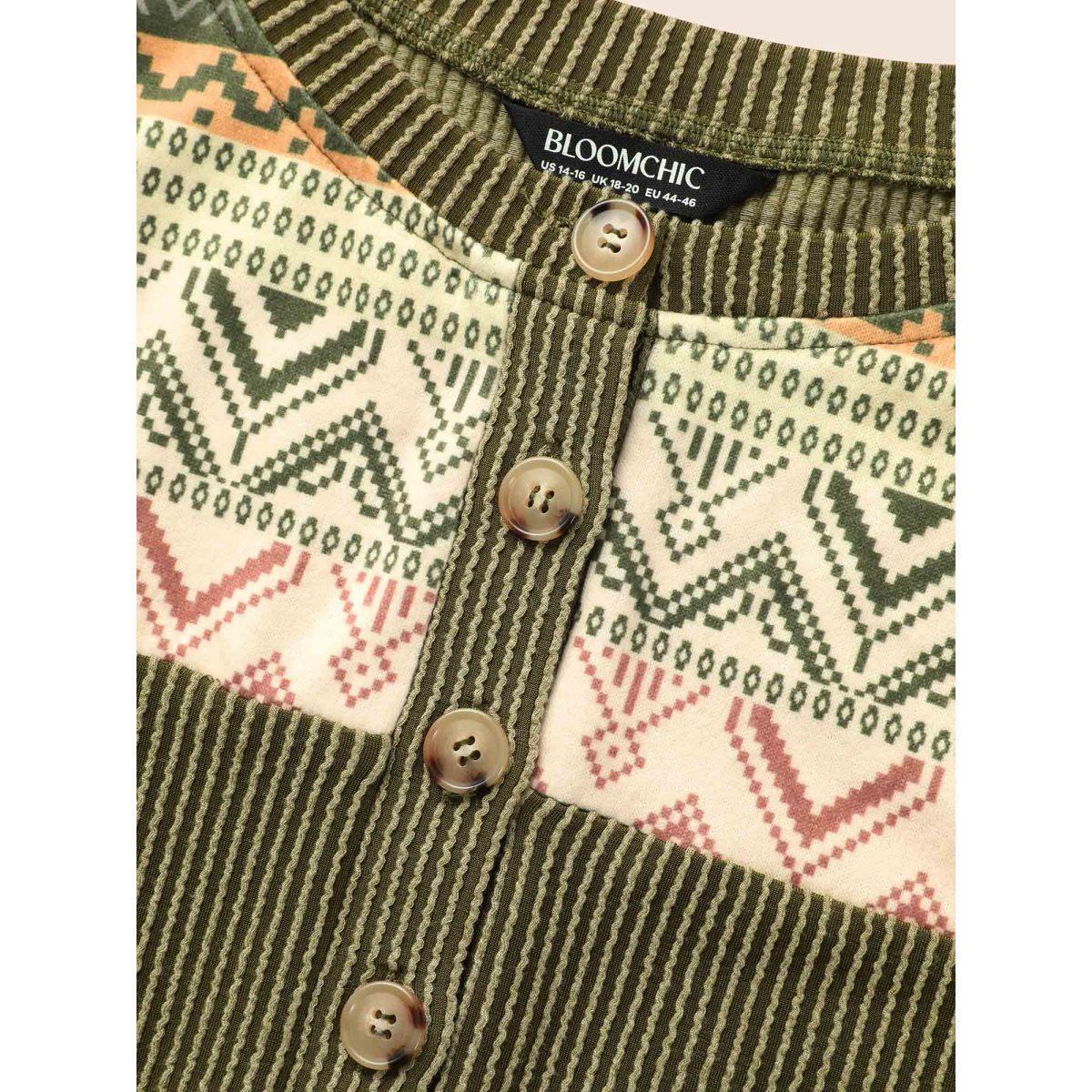 Plus Size Bandana Patchwork Button Up T-shirt ArmyGreen Women Casual Texture Round Neck Everyday T-shirts BloomChic 26/4X Product Image