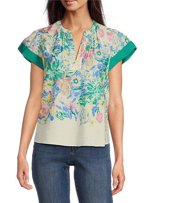 Current Air Woven Floral Print Split Neck Flutter Sleeve Contrast Trim Blouse Product Image