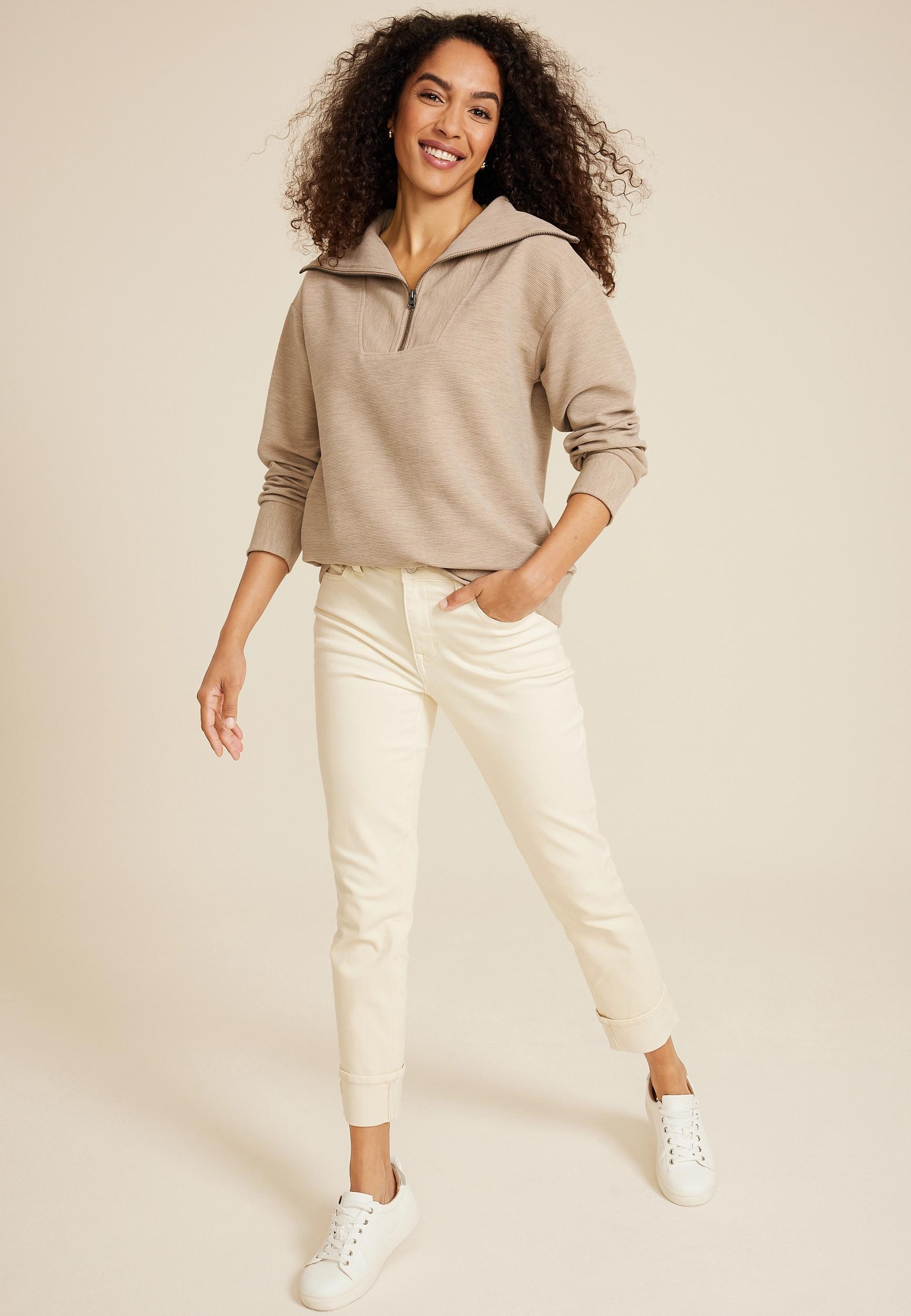 Ribbed Knit Shawl Collar Tunic Sweatshirt Product Image