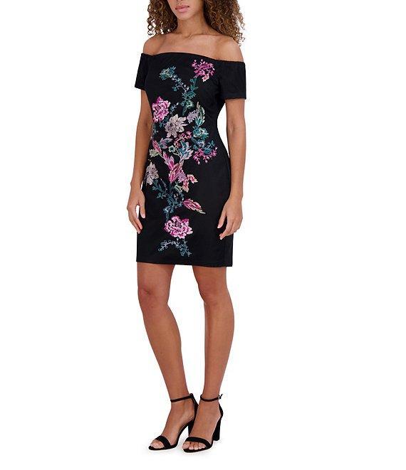 SIENA Off-The-Shoulder Floral Embroidered Mesh Sheath Dress Product Image