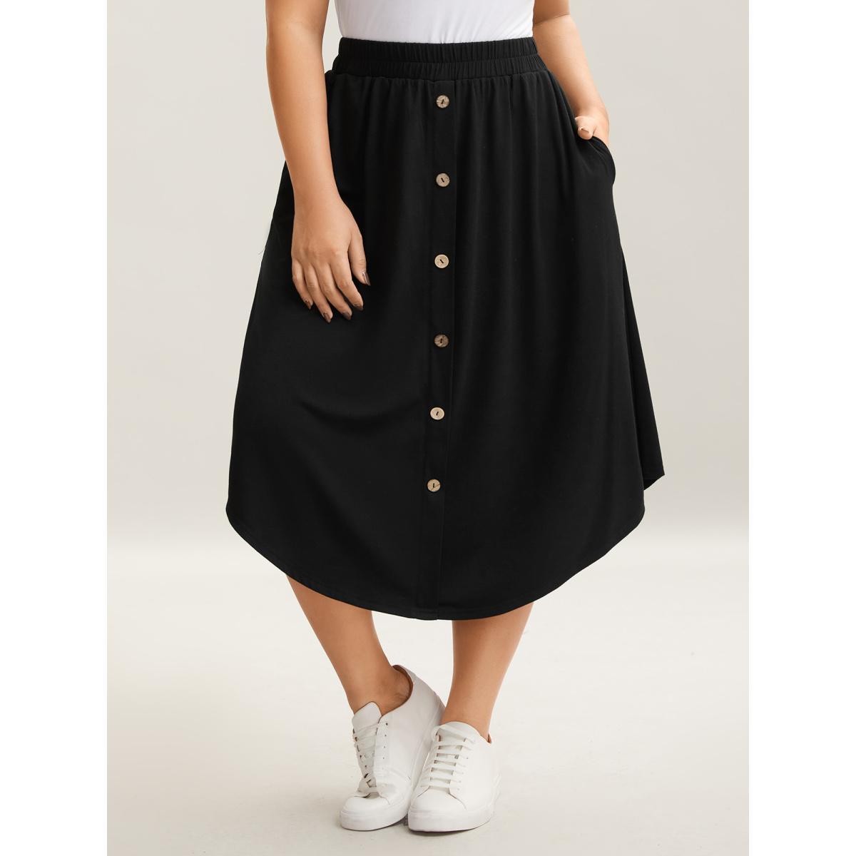 Plus Size Button Detail Hi-Low Hem Midi Skirt Women Black Elegant Bodycon Low stretch Side seam pocket Everyday Skirts BloomChic 18-20/2X Product Image