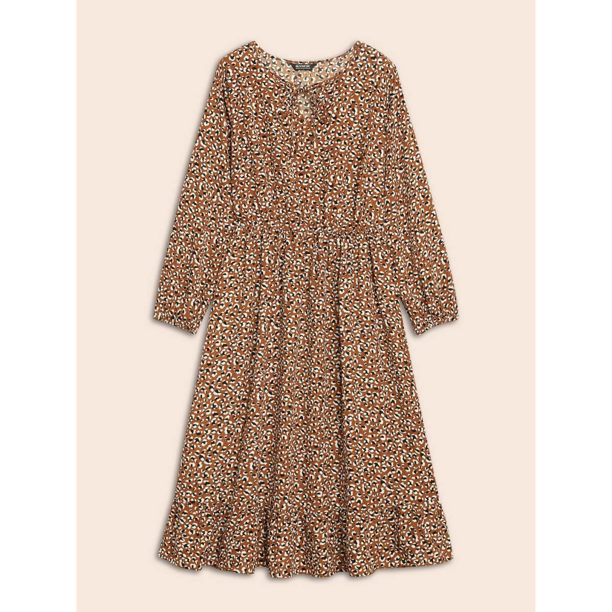 Plus Size Leopard Print Tie Knot Midi Dress Yellowishbrown Women At the Office Tie knot V-neck Long Sleeve Curvy BloomChic 10/M Product Image